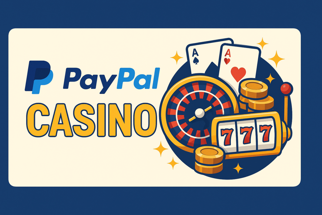 Ilustracija PayPal Casino z ruletnim kolesom, igralnimi kartami, žetoni in igralnim avtomatom – simboli varnih spletnih plačil