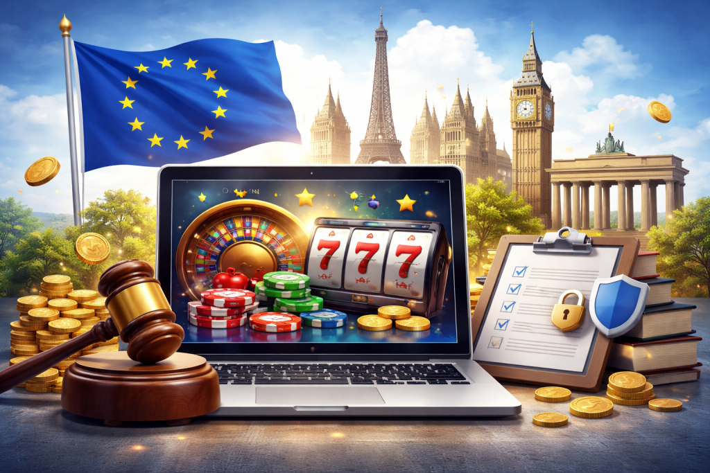 Evropski online kazino z licenciranimi igrami, simboli regulacije EU in varnega spletnega igranja